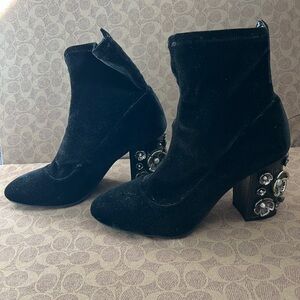 Coach Black Velvet Heeled Boots with Tea Rose Embellishments